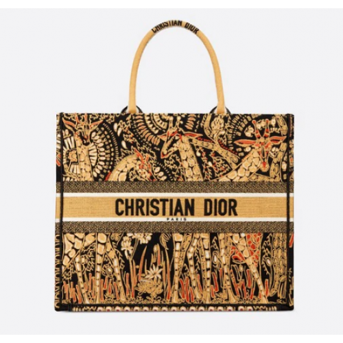 GEEL EN ZWART DIOR BOOK TOTE DIOR ANIMALS GEBORDUURDE CANVAS TAS M16E