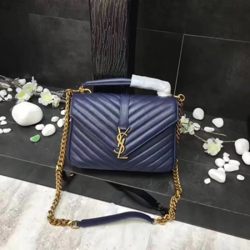 YSL Classic Monogramme Blue Leather Flap Bag Y392737 Goud