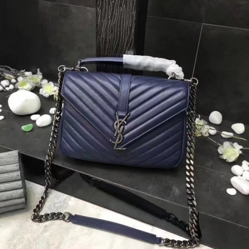 YSL Classic Monogramme Blue Leather Flap Bag Y392737 Zilver