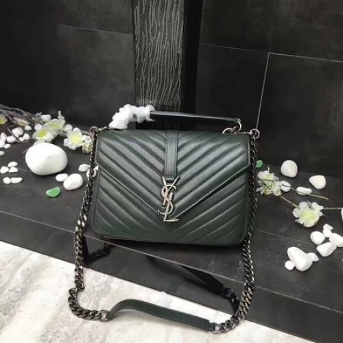YSL Classic Monogramme Groene Leren Flap Bag Y392737 Zilver