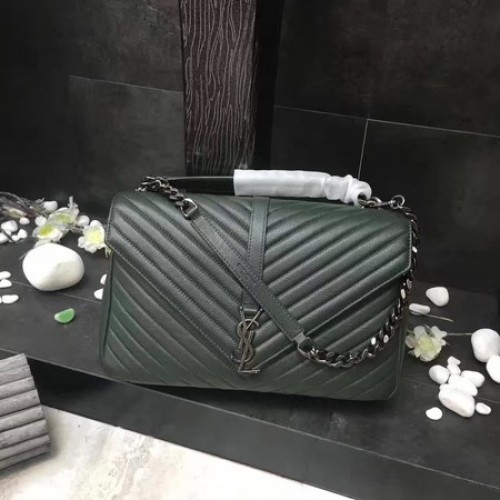 YSL Classic Monogramme Groene Leren Flap Bag Y392738 Zilver