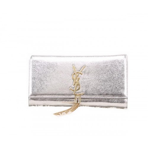 YSL klassieke monogram kwastje glad lederen clutch Y8908 zilver