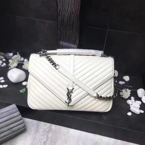 YSL Classic Monogramme Witte Leren Flap Bag Y392738 Zilver