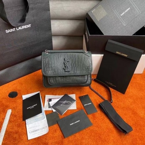 YSL NIKI BABY IN LEER MET KROKODIL-RELIËF 533037 DIEPGROEN