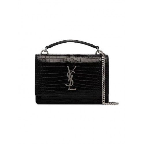 Yves Saint Laurent kalfsleren schoudertas Y533036A zwart-zilverkleurig metaal