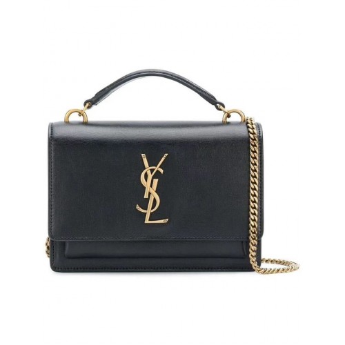 Yves Saint Laurent kalfsleren schoudertas Y533036 zwart-goudkleurig metaal