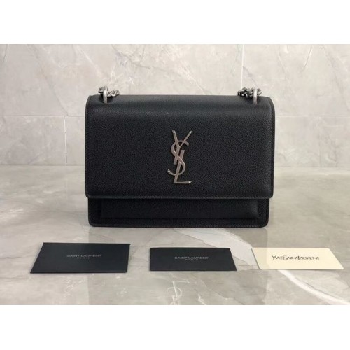 Yves Saint Laurent kalfsleren schoudertas Y542206B zwart-zilverkleurig metaal