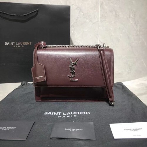 Yves Saint Laurent Kalfsleren schoudertas Y542206B Bordeaux &zilverkleurig metaal
