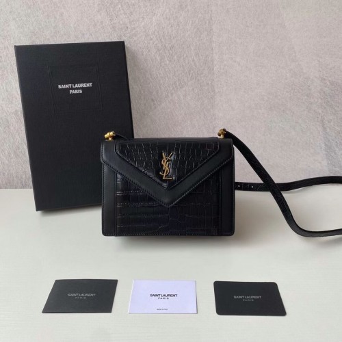 Yves Saint Laurent GABY MINI SATCHEL CROCODILE-RELIËF GLANZEND LEDER Y568890 zwart