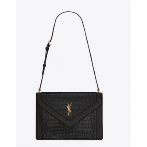 Yves Saint Laurent GABY SATCHEL VAN GELAKT LEER MET KROKODIL-RELIËF EN LAMSVACHT 695724 zwart