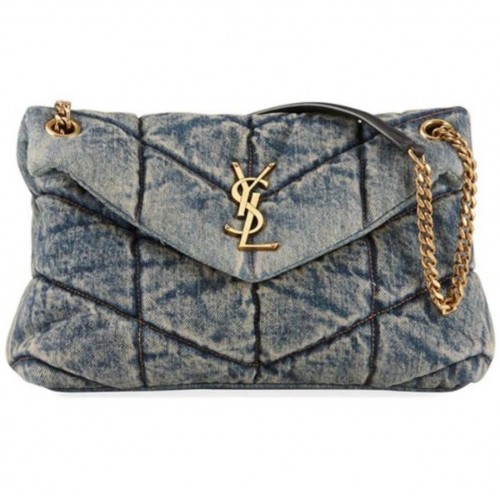 Yves Saint Laurent PUFFER KLEINE TAS VAN GEWATTEERDE VINTAGE DENIM EN SUÈDE Y577476 Blauw