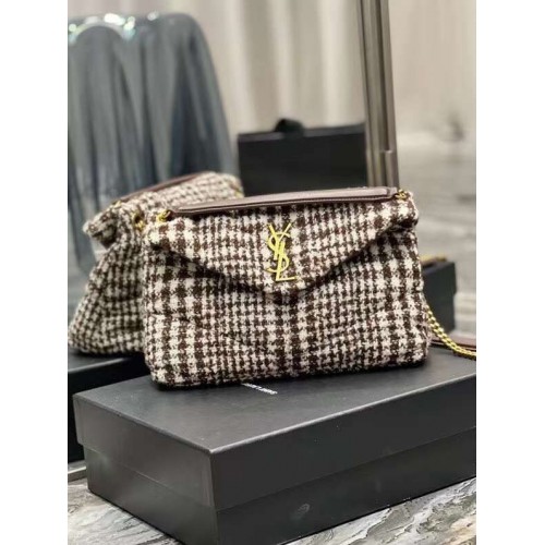 Yves Saint Laurent PUFFER KLEINE TAS IN GERUIT TWEED EN LAMBSLACHT Y597476 BEIGE