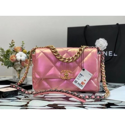 chanel 19 grote kleptas Iriserend kalfsleer & goudkleurig AS1162 roze
