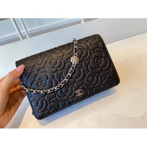 chanel klassieke clutch met ketting Lambskin zilverkleurig metaal AP3317 zwart