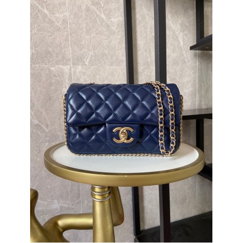 chanel klassieke handtas Lamsleer & imitatie parels goud metaal AS1740 blauw