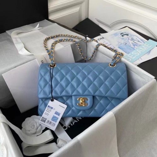 chanel klassieke handtas Lamsleer goud Metaal A01112 blauw