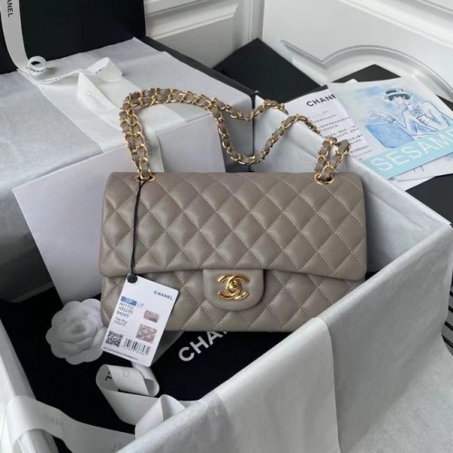 chanel klassieke handtas Lamsleer goud Metaal A01112 grijs