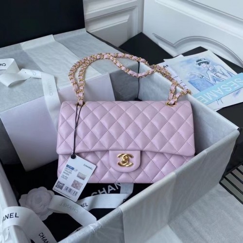 chanel klassieke handtas Lamsleer goud Metaal A01112 roze