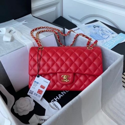 chanel klassieke handtas Lamsleer goud Metaal A01112 rood