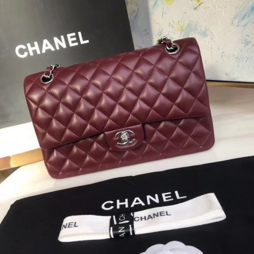 chanel klassieke handtas Lamsleer zilver Metaal A01112 Bourgondië