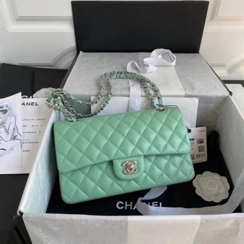 chanel klassieke handtas Lamsleer zilver Metaal A01112 lichtgroen