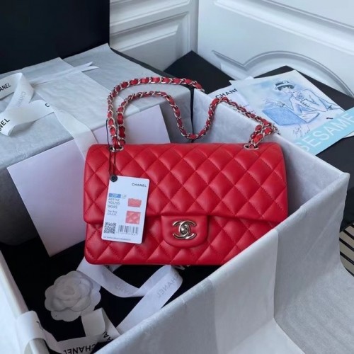 chanel classic handtas Lambskin zilver Metal A01112 rood