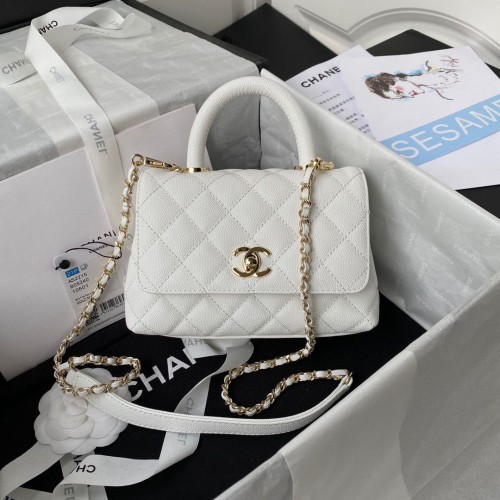 chanel mini flap tas origineel kaviaar leer met handvat bovenaan wit AS2215 goudkleurig