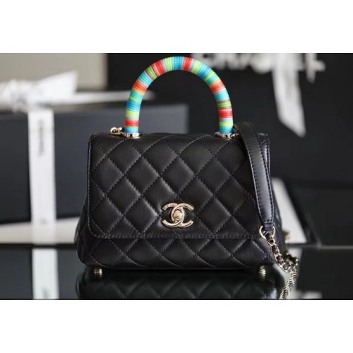 chanel mini flap tas met handvat aan de bovenkant AS2215 zwart